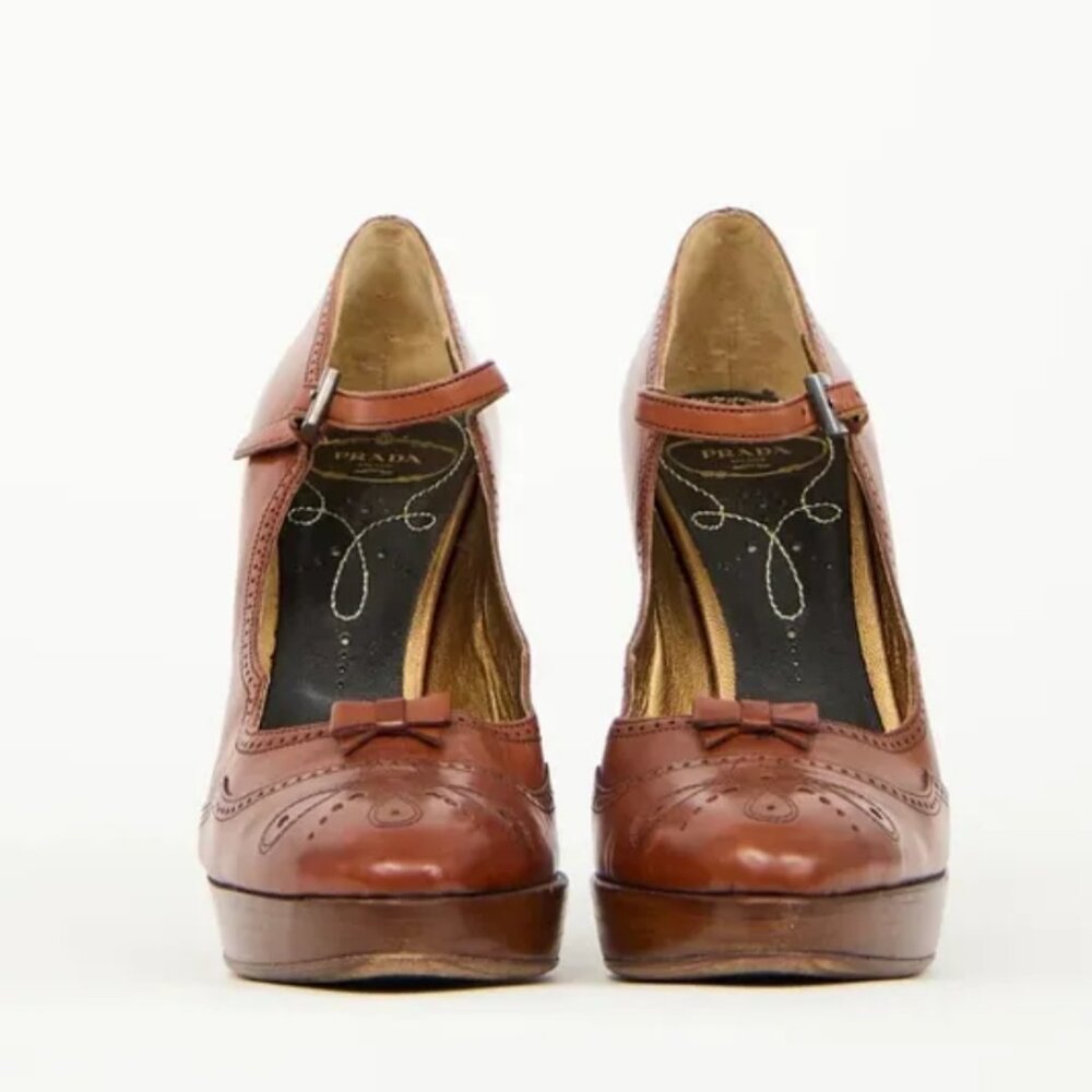 Prada Brown Leather Mary Jane Platform Heels - Picture 2 of 4